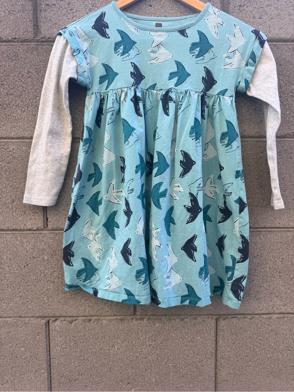 Tea Brand Girls Teal Bird Print Layered-Look Dress with Gray Sleeves size 10